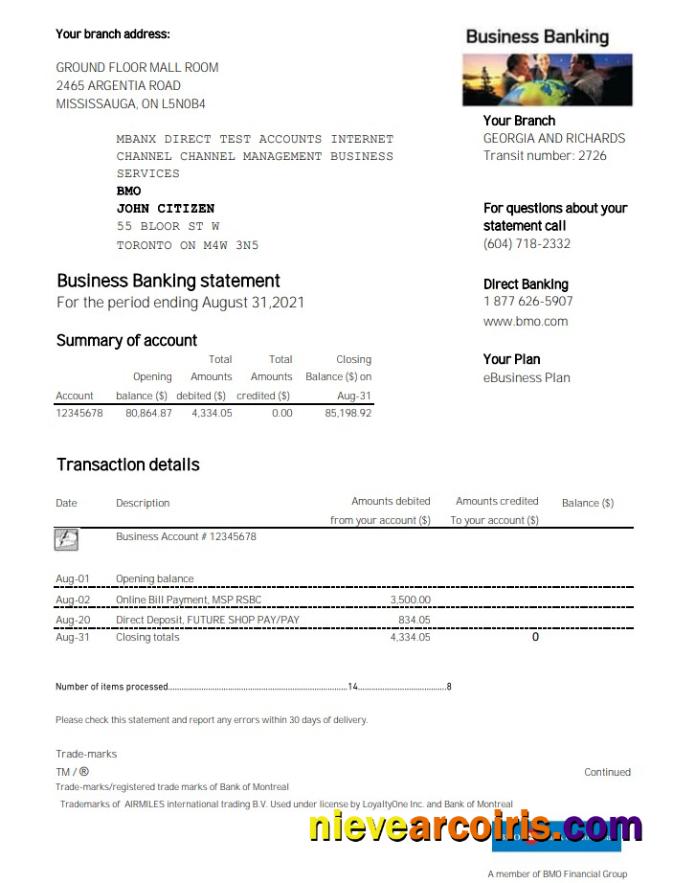 USA BMO Bank of Montreal bank proof of address statement in Excel and PDF format